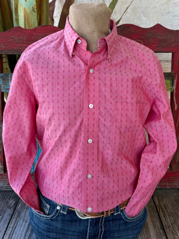 Men’s Wrangler long sleeve button-down shirt in pink with diamond print, lightweight woven cotton for breathable comfort, with button-down collar for a polished fit – 112374464. Available at Blair's Western Wear, Marble Falls, TX.