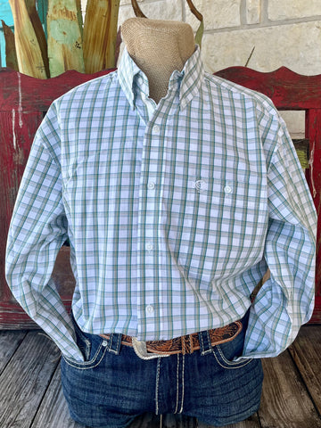 Men's Wrangler Long Sleeve Button-Down Shirt in green and white plaid, crafted from a cotton blend, featuring a single chest pocket - 112359997. Available at Blair's Western Wear, Marble Falls, TX.