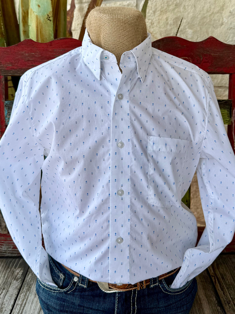 Men’s Wrangler long sleeve button-down print shirt in white/blue, made from a lightweight cotton blend for breathable comfort, with a button-down collar for a sharp look - 112368022. Available at Blair's Western Wear, Marble Falls, TX.