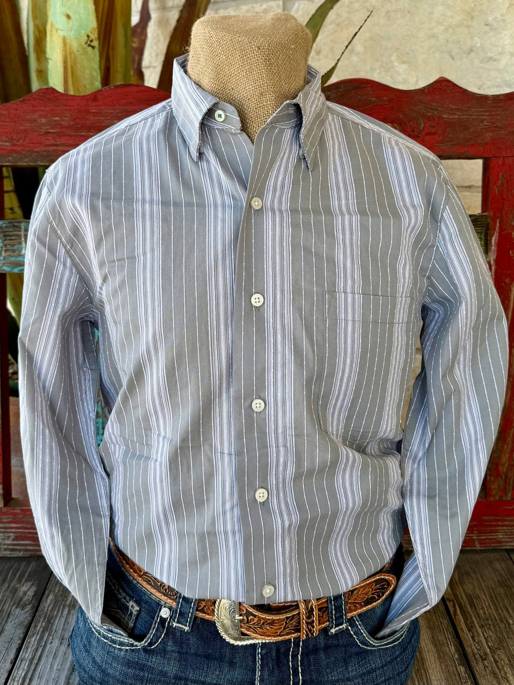 Men’s Wrangler long sleeve button-down stripe shirt in gray, lightweight breathable cotton blend, with button-down collar and chest pocket - 112374477. Available at Blair's Western Wear, Marble Falls, TX.