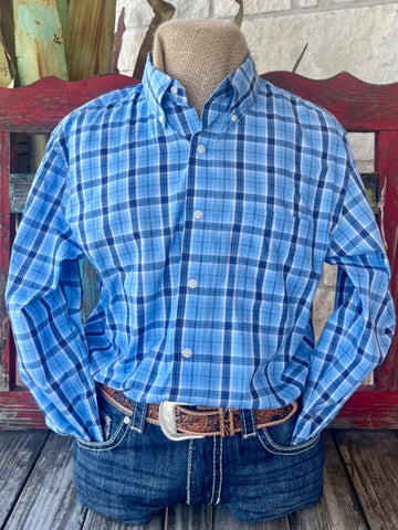 Men's Wrangler Long Sleeve in Light Blue and Navy, crafted from 100% Cotton with Single Chest Pocket for practicality and style - 112356526LB. Available at Blair's Western Wear, Marble Falls, TX.