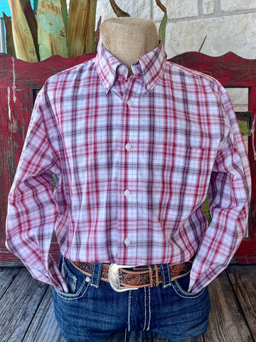 Men's Wrangler Long Sleeve Shirt in red and white plaid, classic fit with comfortable fabric, dual chest pockets with button closures - 112359496W. Available at Blair's Western Wear, Marble Falls, TX.