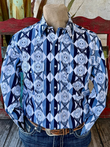 Men’s Wrangler long sleeve snap Aztec print shirt in white, navy, and light blue, lightweight woven fabric for breathable comfort, with pearl snap closures and snap chest pockets – 112374917. Available at Blair's Western Wear, Marble Falls, TX.