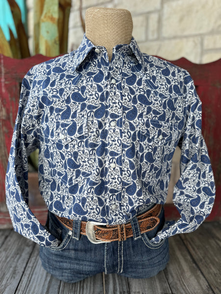 Men’s Wrangler long sleeve snap paisley shirt in blue and white, featuring soft cotton blend comfort and Western yoke styling – 112367936. Available at Blair’s Western Wear, Marble Falls, TX.