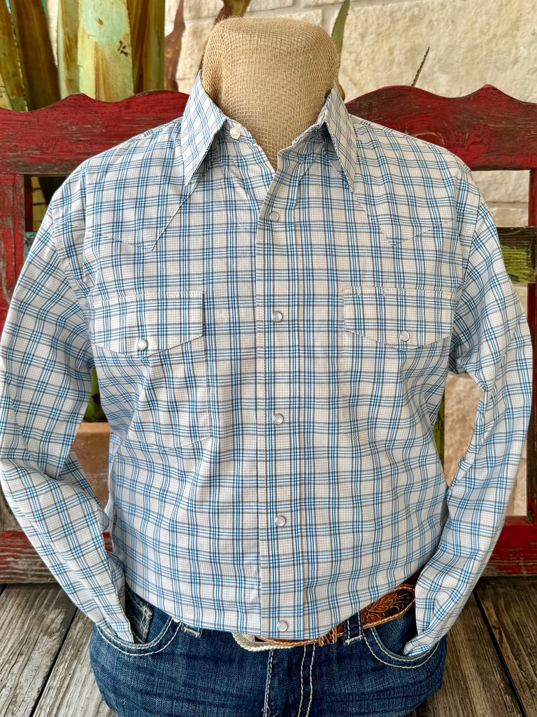 Men’s Wrangler long sleeve snap plaid shirt in blue and white check, with pearl snap closures, and two secure flap chest pockets - 112367710. Available at Blair's Western Wear, Marble Falls, TX.