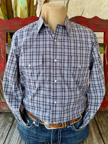 Men’s Wrangler long sleeve snap plaid shirt in dusty blue and white, made from breathable cotton blend fabric, with secure snap-front closure and double chest flap pockets - 112351594. Available at Blair's Western Wear, Marble Falls, TX.