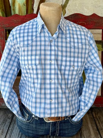 Men’s Wrangler long sleeve western snap plaid shirt in white and blue, with wrinkle-resistant cotton-blend fabric and dual chest pockets – 112369448. Available at Blair’s Western Wear, Marble Falls, TX.