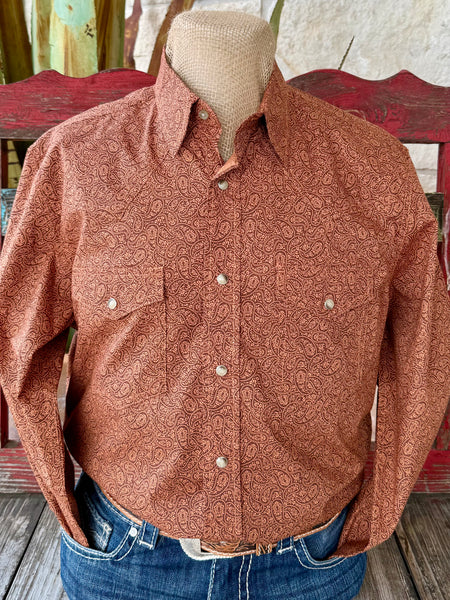 Men’s Wrangler long sleeve snap print shirt in rust paisley, featuring pearl snap closures, with dual chest pockets for storage - 112367925. Available at Blair's Western Wear, Marble Falls, TX.