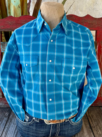 Men’s Wrangler long sleeve snap two-pocket plaid shirt in teal, lightweight woven fabric for breathable all-day comfort, with snap-front closure for easy layering – 112369370. Available at Blair's Western Wear, Marble Falls, TX.