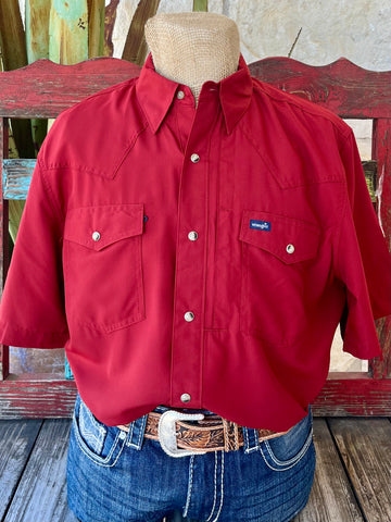 Men's Wrangler Performance Snap Short Sleeve Solid Shirt in Scarlet Red, featuring moisture-wicking fabric with UV protection – 112359436. Available at Blair's Western Wear, Marble Falls, TX.