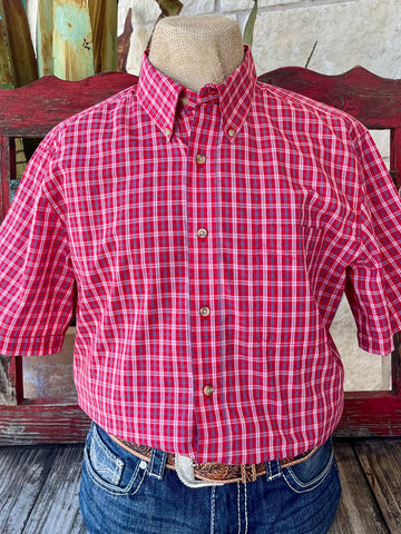 Men's Wrangler Plaid Short Sleeve Button-Down Shirt in Red/Blue, lightweight cotton-blend fabric for breathable comfort, with chest pocket for utility and subtle logo detail - 112365845R. Available at Blair's Western Wear, Marble Falls, TX.