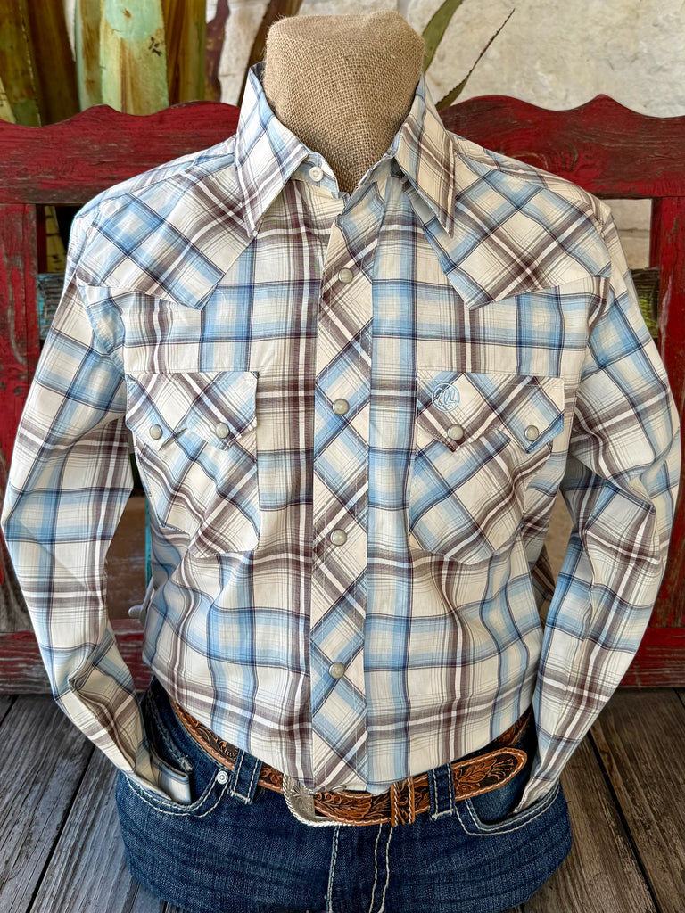 Men’s Wrangler Retro long sleeve Western plaid shirt in blue, cream, and brown, lightweight cotton fabric for breathable comfort, with snap front closure and Western yoke detailing - 112374742. Available at Blair's Western Wear, Marble Falls, TX.