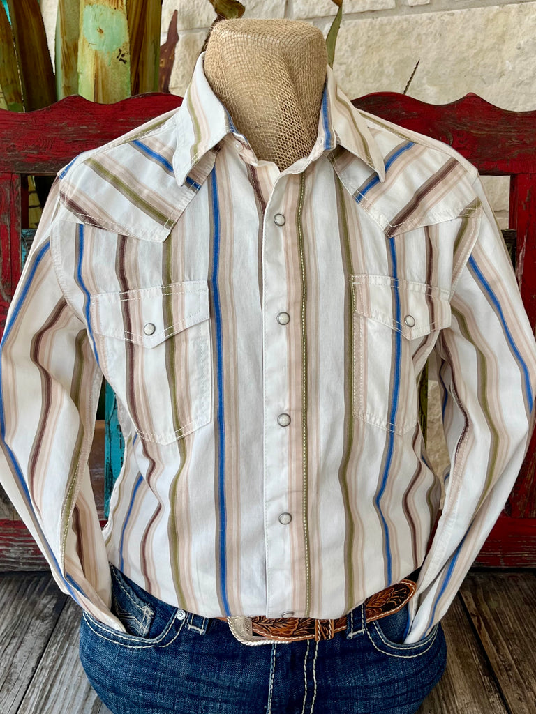 Men's Wrangler Retro Western Long Sleeve Shirt in Natural/Brown/Blue/Olive Stripe, crafted from breathable cotton for year-round comfort, with pearl snap closures and dual flap pockets for secure storage - 112365630. Available at Blair's Western Wear, Marble Falls, TX.