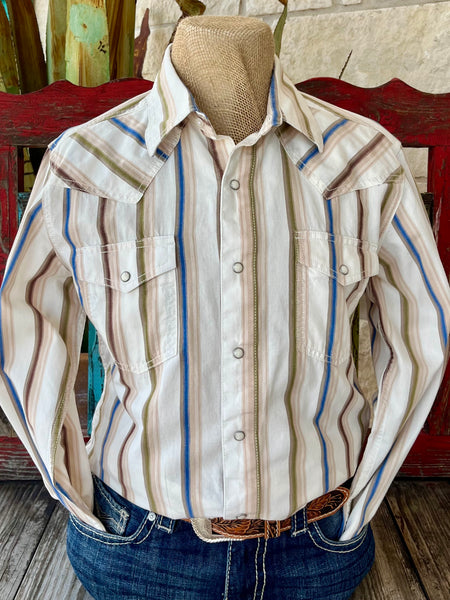 Men's Wrangler Retro Western Long Sleeve Shirt in Natural/Brown/Blue/Olive Stripe, crafted from breathable cotton for year-round comfort, with pearl snap closures and dual flap pockets for secure storage - 112365630. Available at Blair's Western Wear, Marble Falls, TX.