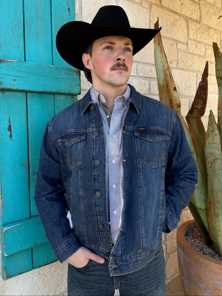 Men’s Wrangler Retro Sherpa-Lined Denim Jacket in Dark Wash, built from durable cotton denim for long-lasting wear, with soft sherpa lining for warmth - 112368307. Available at Blair's Western Wear, Marble Falls, TX.