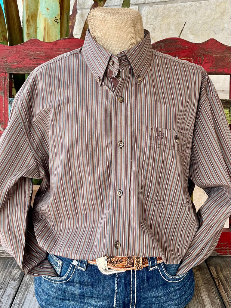 Men's Wrangler George Strait Shirt in brown and teal stripe, with relaxed fit and button-down collar - 112352721. Available at Blair's Western Wear, Marble Falls, TX.