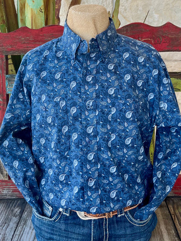 Men’s Wrangler Shirt Button-Down Paisley in Navy/Light Blue, crafted from breathable cotton for all-day comfort, with dual chest pockets for practical storage – 112360006. Available at Blair's Western Wear, Marble Falls, TX.