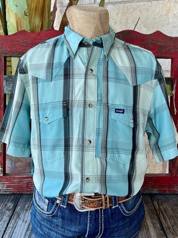 Men's Wrangler Shirt, Short Sleeve, Plaid in turquoise and black, made from polyester with moisture-wicking and UV protection - 112359447. Available at Blair's Western Wear, Marble Falls, TX.