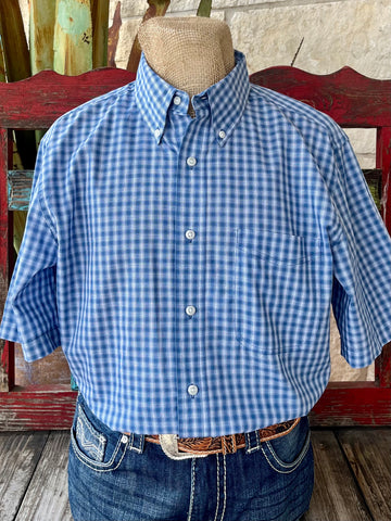 Men's Wrangler short sleeve button-down plaid shirt in blue and white, featuring a classic fit with a button-down collar and left chest pocket – 112365804B. Available at Blair's Western Wear, Marble Falls, TX.