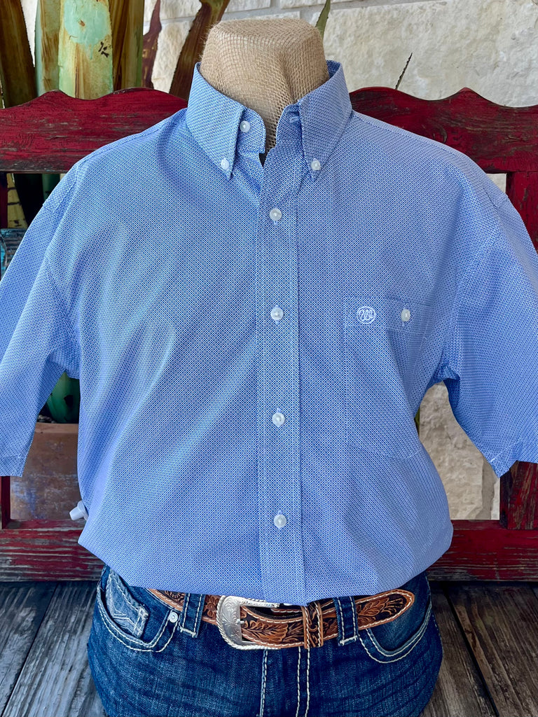 Men’s Wrangler Short Sleeve Button-Down Shirt in Light Blue/Blue, lightweight cotton blend keeps you cool, with embroidered pocket logo and polished button-down collar - 112365861. Available at Blair's Western Wear, Marble Falls, TX.