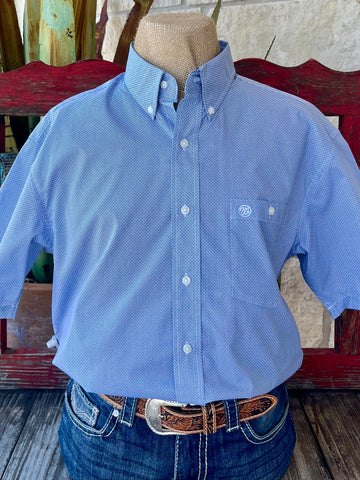 Men’s Wrangler Short Sleeve Button-Down Shirt in Light Blue/Blue, lightweight cotton blend keeps you cool, with embroidered pocket logo and polished button-down collar - 112365861. Available at Blair's Western Wear, Marble Falls, TX.