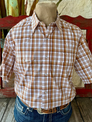 Men’s Wrangler short sleeve snap shirt in white and brown plaid, lightweight breathable fabric, with dual snap chest pockets - 112374892. Available at Blair's Western Wear, Marble Falls, TX.