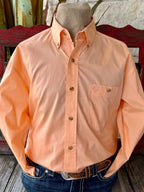 Men's Wrangler Western Button Down Shirt in Peach, lightweight breathable cotton fabric for all-day comfort, with classic button-down collar for a structured fit - 112374608. Available at Blair's Western Wear, Marble Falls, TX.