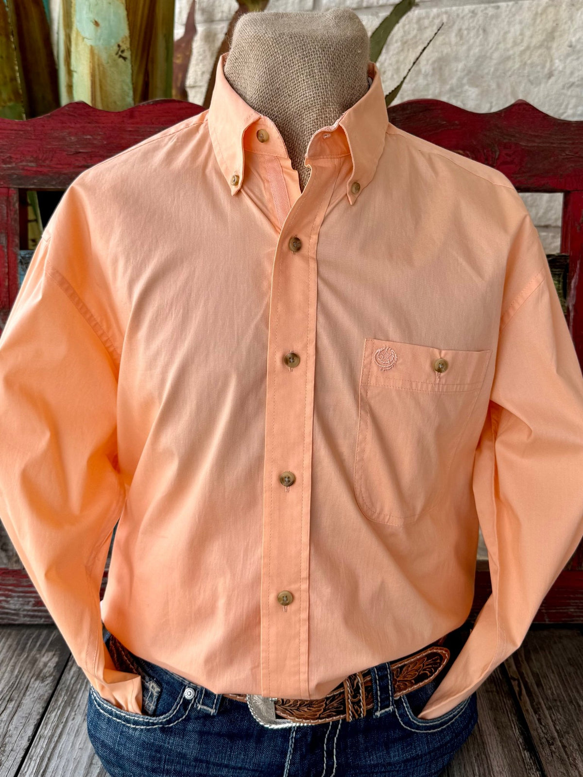 Men's Wrangler Western Button Down Shirt in Peach, lightweight breathable cotton fabric for all-day comfort, with classic button-down collar for a structured fit - 112374608. Available at Blair's Western Wear, Marble Falls, TX.