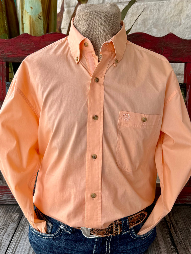 Men's Wrangler Western Button Down Shirt in Peach, lightweight breathable cotton fabric for all-day comfort, with classic button-down collar for a structured fit - 112374608. Available at Blair's Western Wear, Marble Falls, TX.