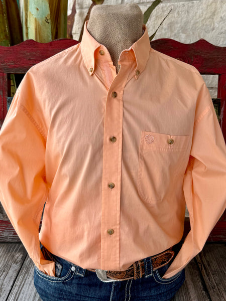 Men's Wrangler Western Button Down Shirt in Peach, lightweight breathable cotton fabric for all-day comfort, with classic button-down collar for a structured fit - 112374608. Available at Blair's Western Wear, Marble Falls, TX.