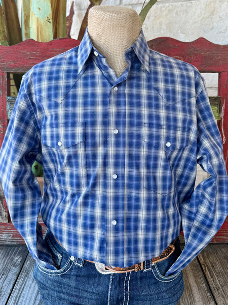 Men’s Wrangler Western plaid long sleeve snap shirt in blue and white, featuring wrinkle-resistant cotton blend fabric with double snap pockets and Western yokes – 112369434. Available at Blair’s Western Wear, Marble Falls, TX.