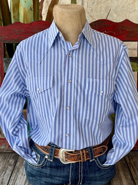Men's Wrangler Western Shirt in blue and red stripes, featuring wrinkle-resistant fabric and authentic Western design - 112365848. Available at Blair's Western Wear, Marble Falls, TX.