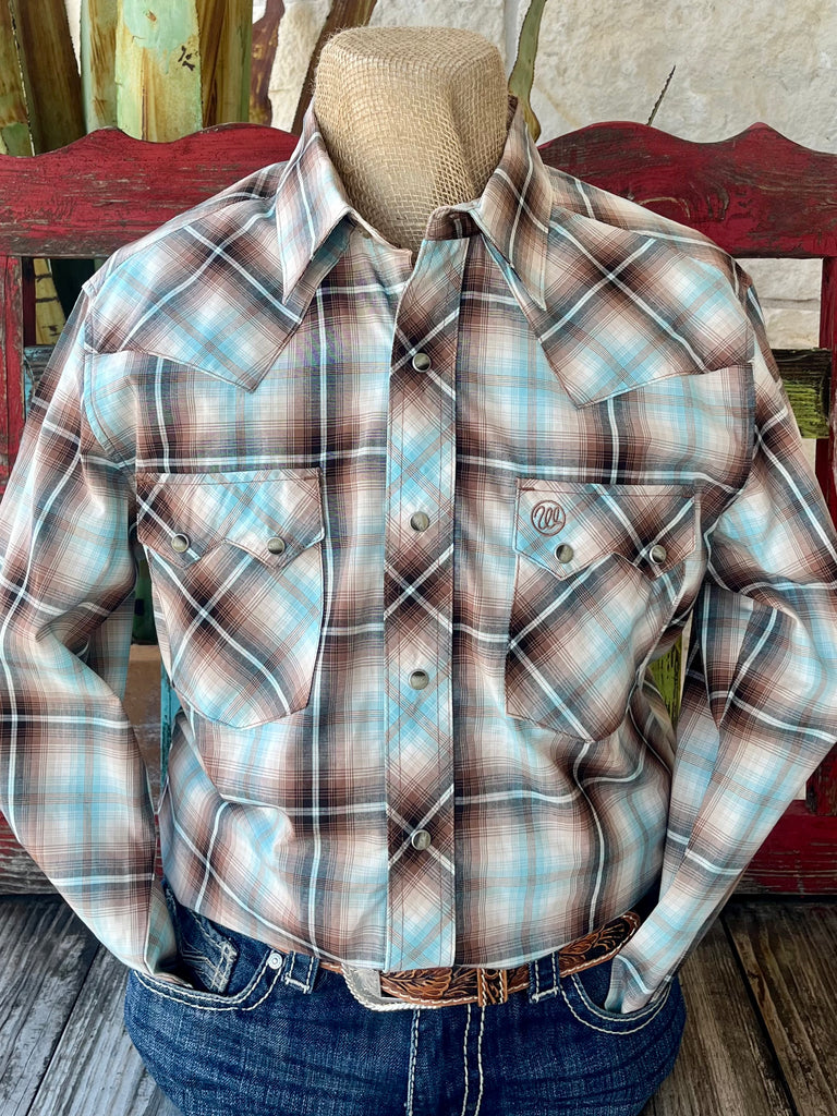 Men's Wrangler Western Shirt in Brown/Turquoise Plaid, made from a lightweight cotton blend for all-day comfort, with pearl snap front and dual flap pockets - 112365896. Available at Blair's Western Wear, Marble Falls, TX.
