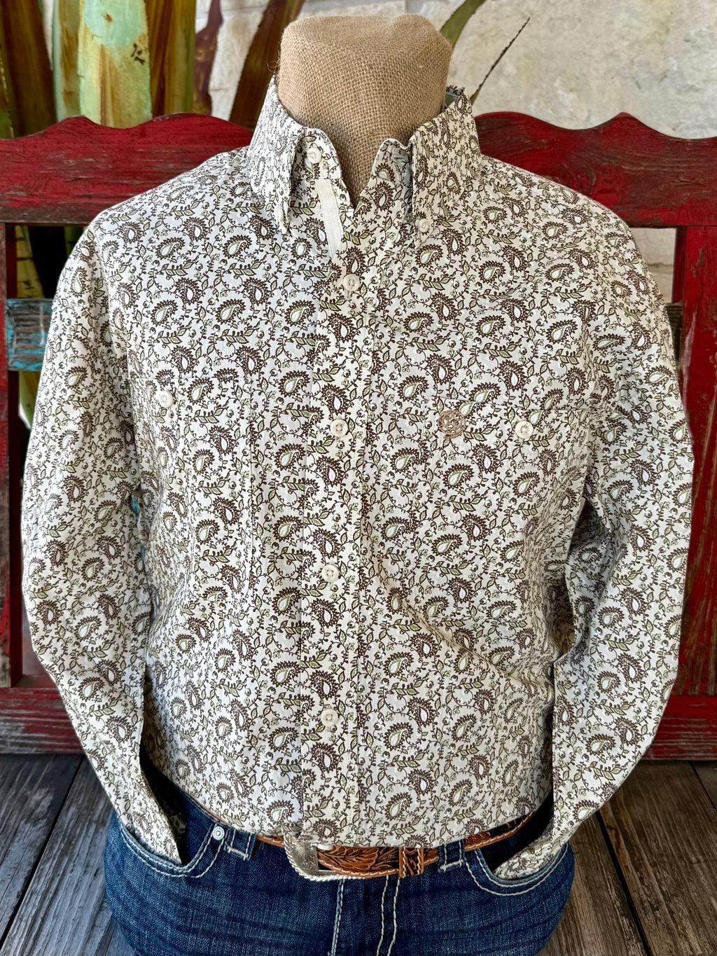 Men’s Wrangler Western Shirt paisley print in cream, breathable cotton construction for all-day comfort, with button-down collar for a polished fit - 112374543. Available at Blair's Western Wear, Marble Falls, TX.