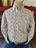 Men’s Wrangler Western Shirt paisley print in cream, breathable cotton construction for all-day comfort, with button-down collar for a polished fit - 112374543. Available at Blair's Western Wear, Marble Falls, TX.
