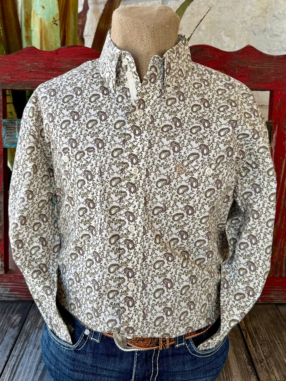 Men’s Wrangler Western Shirt paisley print in cream, breathable cotton construction for all-day comfort, with button-down collar for a polished fit - 112374543. Available at Blair's Western Wear, Marble Falls, TX.