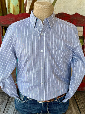 Men’s Wrangler Western Shirt in gray and black stripe, crafted from breathable cotton for comfort, featuring a button-down collar and chest pocket for classic style - 112369538. Available at Blair's Western Wear, Marble Falls, TX.