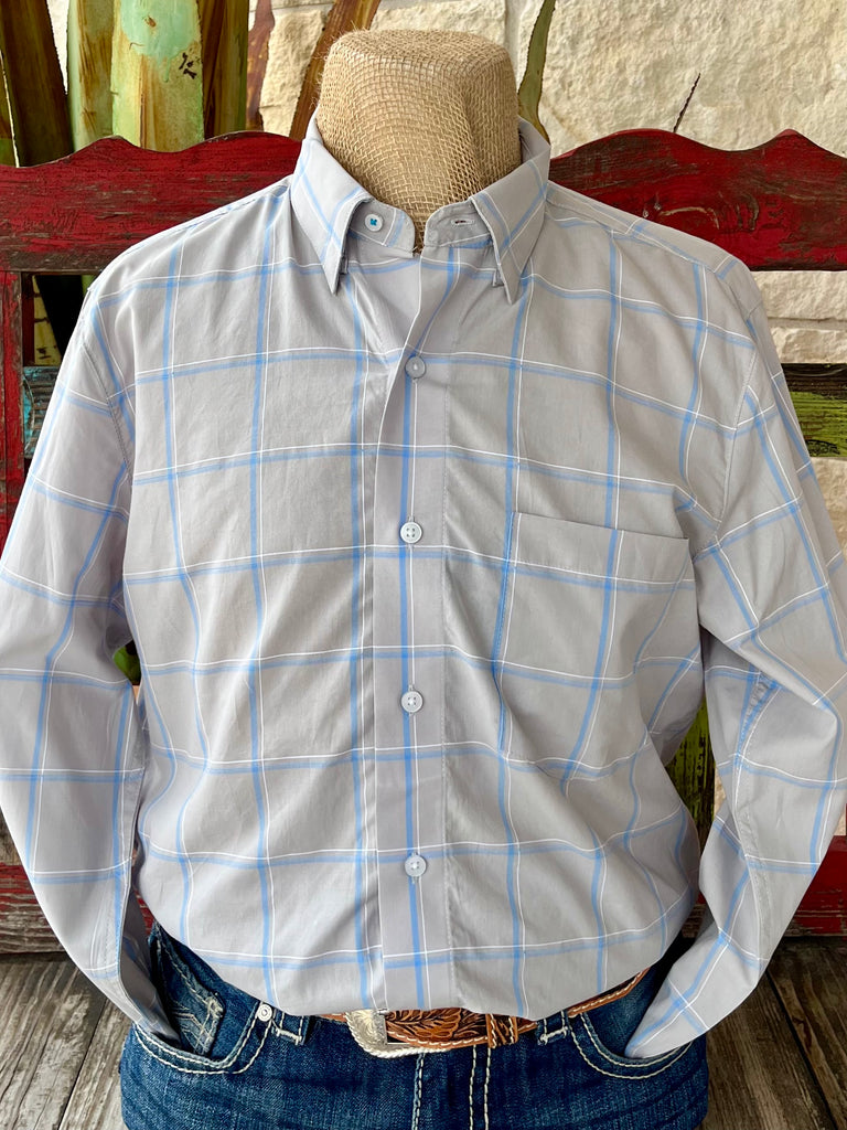 Men's Wrangler Western Shirt Plaid Button-Down in Gray/Light Blue, tailored fit for a clean silhouette, with breathable cotton-blend fabric for all-day comfort - 112365619. Available at Blair's Western Wear, Marble Falls, TX.