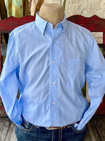 Men's Wrangler Western Shirt Light Blue Stripe, made from breathable cotton blend for all-day comfort, with a tailored fit and single chest pocket - 112359677. Available at Blair's Western Wear, Marble Falls, TX.