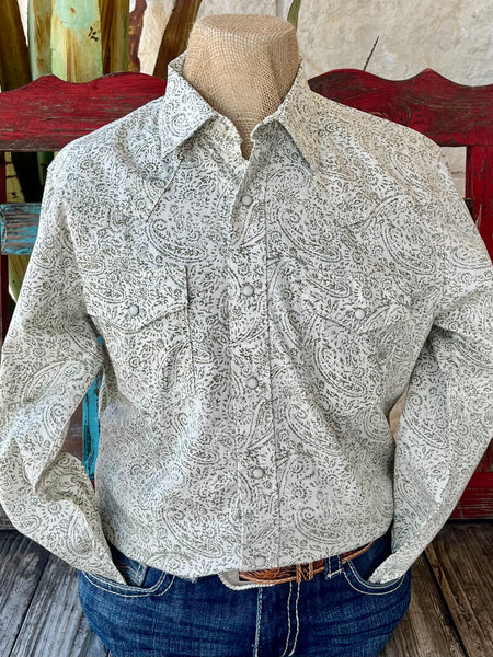 Men’s Wrangler Western Shirt in Natural/Olive Paisley, lightweight cotton blend for breathable comfort, with snap-front closure and tailored fit for a polished western look - 112365628. Available at Blair's Western Wear, Marble Falls, TX.