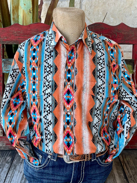 Men’s Wrangler Western Shirt in orange, turquoise, and black Aztec print, featuring pearl snap buttons and dual flap chest pockets – 112365887. Available at Blair's Western Wear, Marble Falls, TX.
