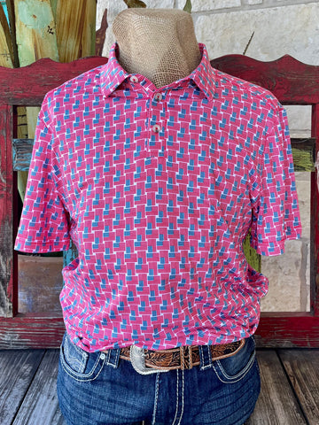 Men's Burlebo Western Wear Polo Shirt in red, white, and blue with U.S. flag pattern, three-button placket and rib-knit collar - PPAFP. Available at Blair's Western Wear, Marble Falls, TX.
