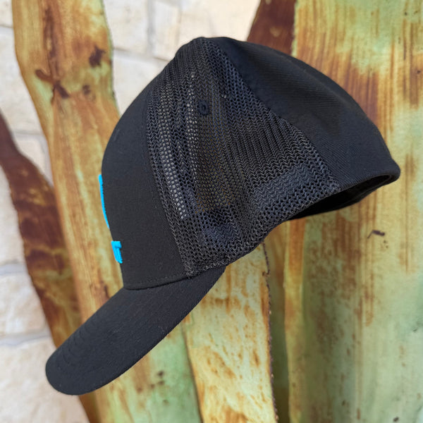 A black trucker-style  cap with a black mesh back, 