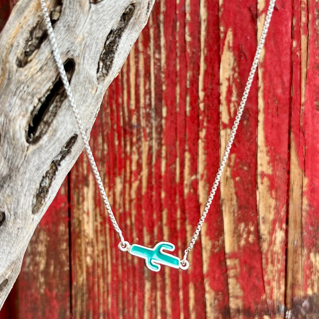 Montana Silversmiths Necklace Cactus Mini in blue, split design with teal green and clear stones - NC4371. Available at Blair's Western Wear, Marble Falls, TX.