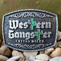 Montana Silversmiths Western silver Attitude buckle in antiqued silver, raised “Western Gangster” lettering with green cactus accents, with deep-etched scrollwork detailing - A1084CA. Available at Blair's Western Wear, Marble Falls, TX.