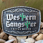 Montana Silversmiths Western silver Attitude buckle in antiqued silver, raised “Western Gangster” lettering with green cactus accents, with deep-etched scrollwork detailing - A1084CA. Available at Blair's Western Wear, Marble Falls, TX.