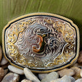 Montana Silversmiths Belt Buckle in Silver and Gold, Elegant Western Design with Personalized Initial 'J' - A1047J. Available at Blair's Western Wear, Marble Falls, TX.