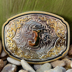 Montana Silversmiths Belt Buckle in Silver and Gold, Elegant Western Design with Personalized Initial 'J' - A1047J. Available at Blair's Western Wear, Marble Falls, TX.