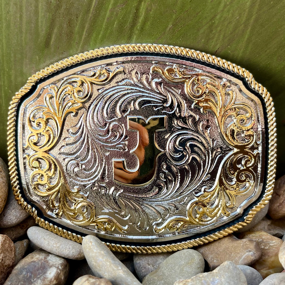 Montana Silversmiths Belt Buckle in Silver and Gold, Elegant Western Design with Personalized Initial 'J' - A1047J. Available at Blair's Western Wear, Marble Falls, TX.