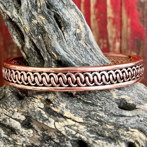 Montana Silversmiths Braided Chain Copper Cuff in striking braided design, durable copper construction with rustic elegance - BC5817. Available at Blair's Western Wear, Marble Falls, TX.